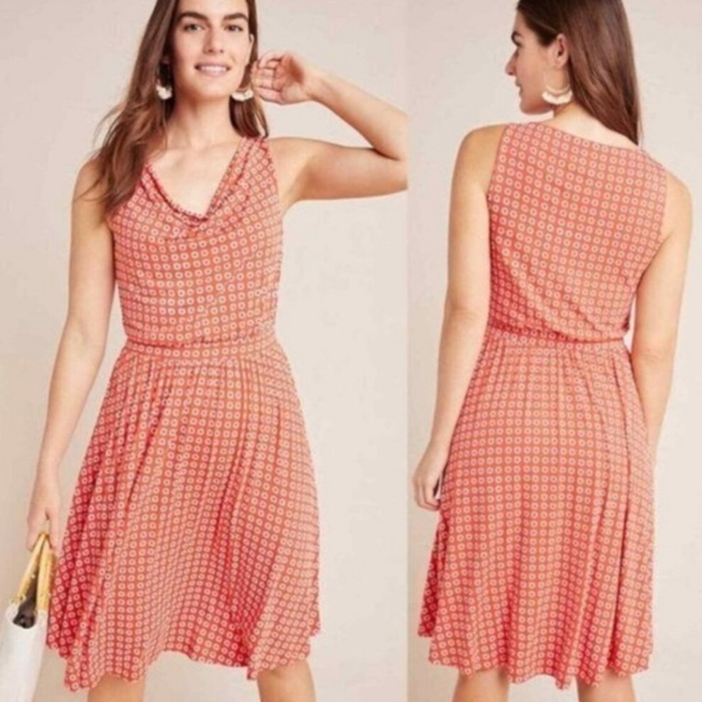 Anthropologie Brianne Cowl Neck Dress by Maeve Size M Tangerine Daisy Print